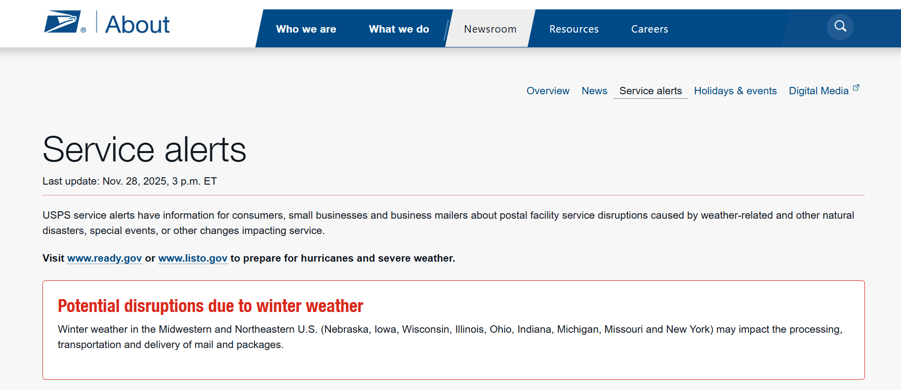 关于美国暴风雪天气可能导致物流延误的正式通知