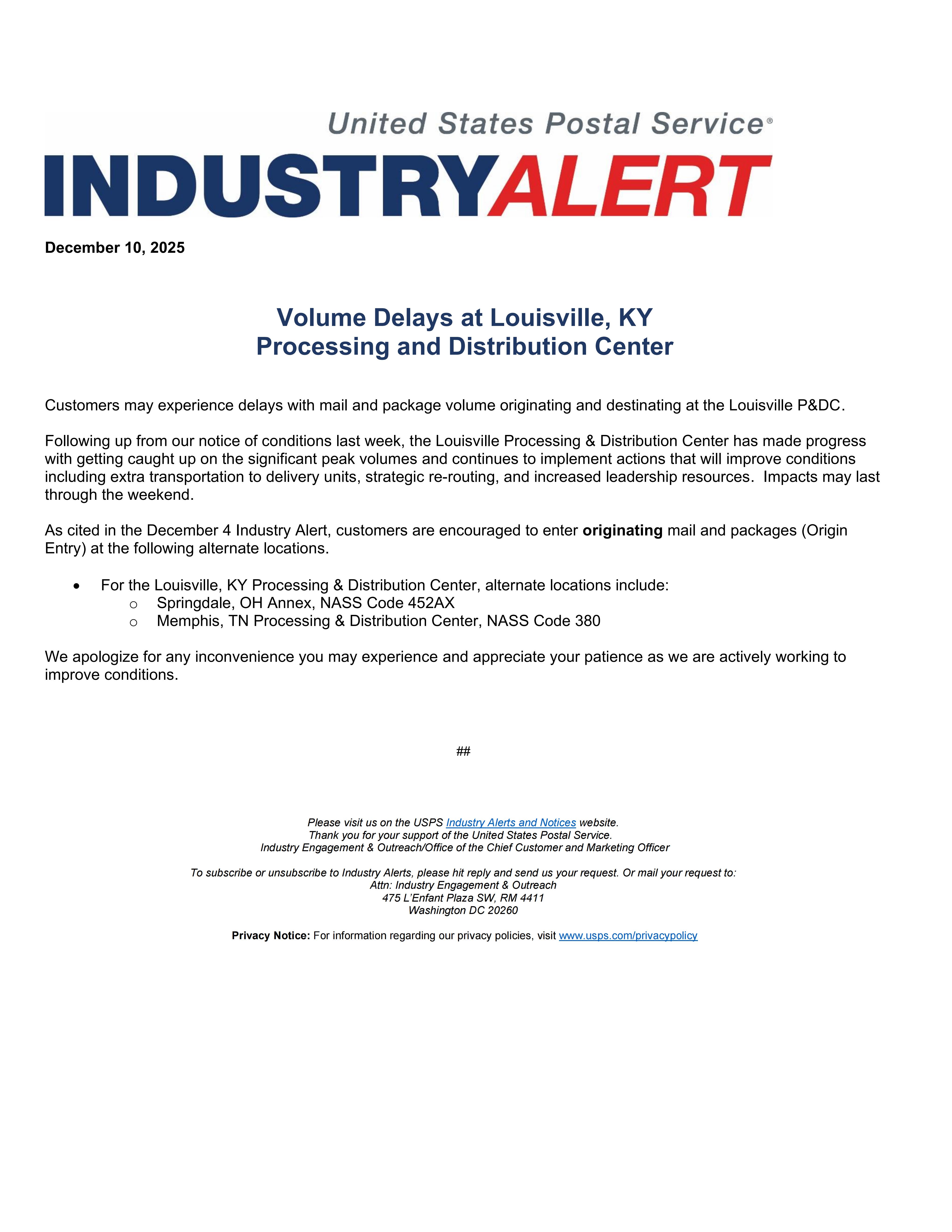 延误预警：美国 USPS 中西部地区包裹派送延误预警